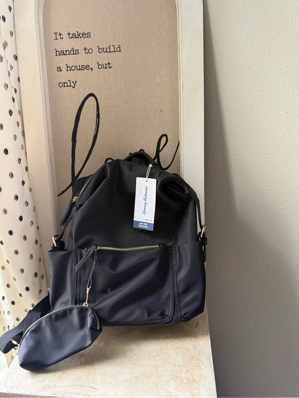Tommy Bahama Black Nylon Backpack Tote with Gold Hardware